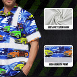 Hi Vis Hawaiian Shirt Reflective Tapes Blue Car Tree Sea Pattern Custom Name Safety Workwear For Mechanics, Workers, Truckers, Operators