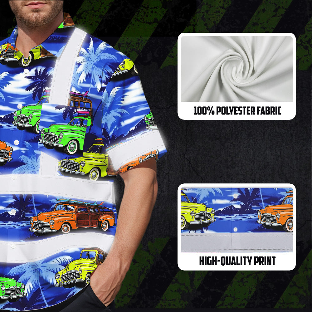 Hi Vis Hawaiian Shirt Reflective Tapes Blue Car Tree Sea Pattern Custom Name Safety Workwear For Mechanics, Workers, Truckers, Operators