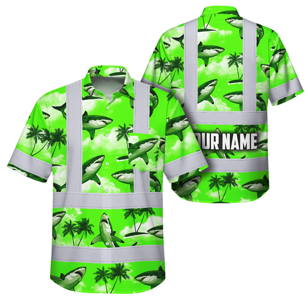 Hi Vis Hawaiian Shirt Reflective Tapes Green Neon Shark Sea Pattern Custom Name Safety Workwear For Mechanics, Workers, Truckers, Operators