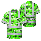 Hi Vis Hawaiian Shirt Reflective Tapes Green Neon Shark Sea Pattern Custom Name Safety Workwear For Mechanics, Workers, Truckers, Operators