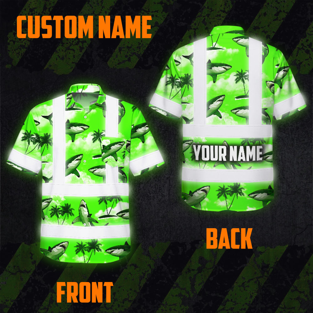 Hi Vis Hawaiian Shirt Reflective Tapes Green Neon Shark Sea Pattern Custom Name Safety Workwear For Mechanics, Workers, Truckers, Operators