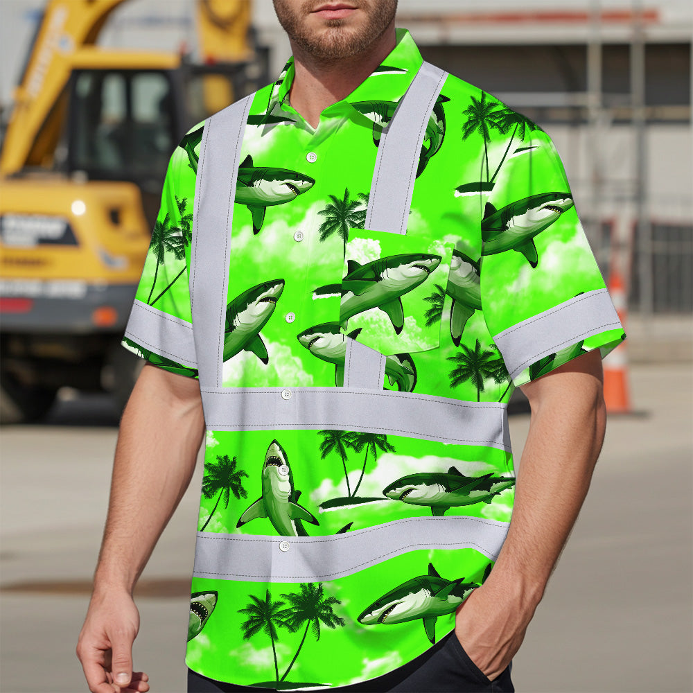 Hi Vis Hawaiian Shirt Reflective Tapes Green Neon Shark Sea Pattern Custom Name Safety Workwear For Mechanics, Workers, Truckers, Operators