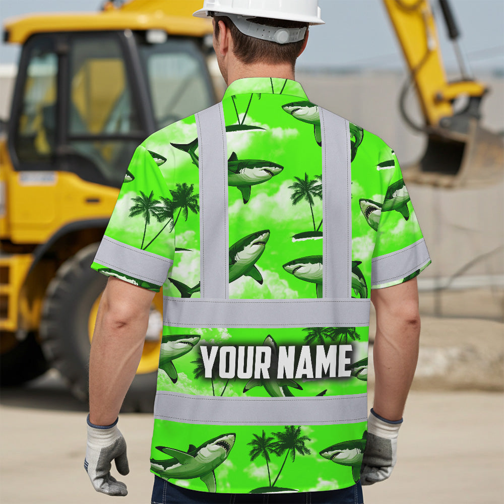 Hi Vis Hawaiian Shirt Reflective Tapes Green Neon Shark Sea Pattern Custom Name Safety Workwear For Mechanics, Workers, Truckers, Operators