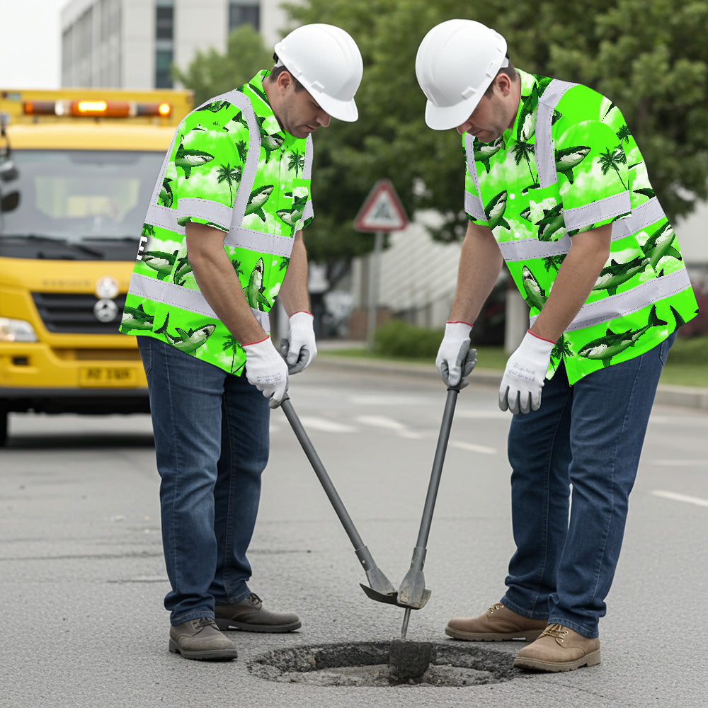 Hi Vis Hawaiian Shirt Reflective Tapes Green Neon Shark Sea Pattern Custom Name Safety Workwear For Mechanics, Workers, Truckers, Operators