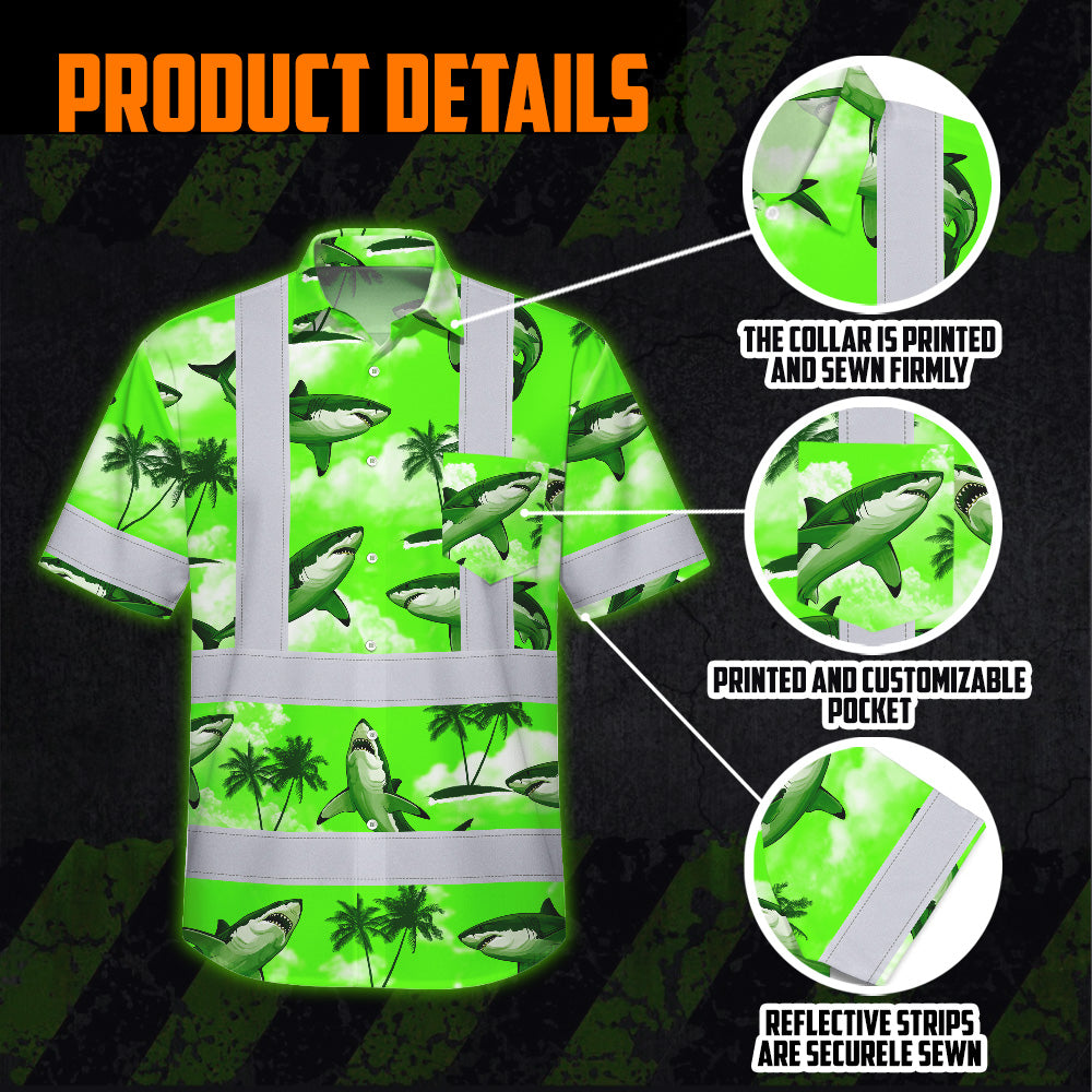 Hi Vis Hawaiian Shirt Reflective Tapes Green Neon Shark Sea Pattern Custom Name Safety Workwear For Mechanics, Workers, Truckers, Operators