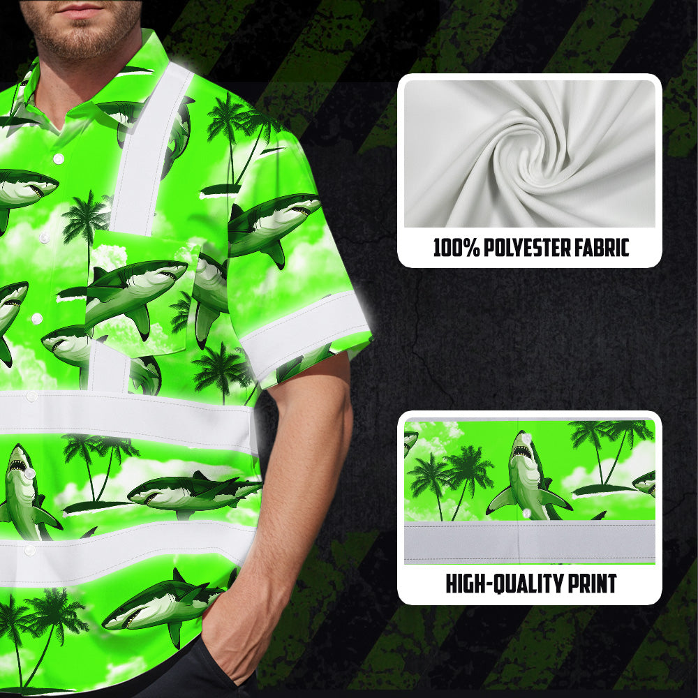 Hi Vis Hawaiian Shirt Reflective Tapes Green Neon Shark Sea Pattern Custom Name Safety Workwear For Mechanics, Workers, Truckers, Operators