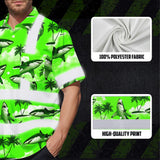 Hi Vis Hawaiian Shirt Reflective Tapes Green Neon Shark Sea Pattern Custom Name Safety Workwear For Mechanics, Workers, Truckers, Operators