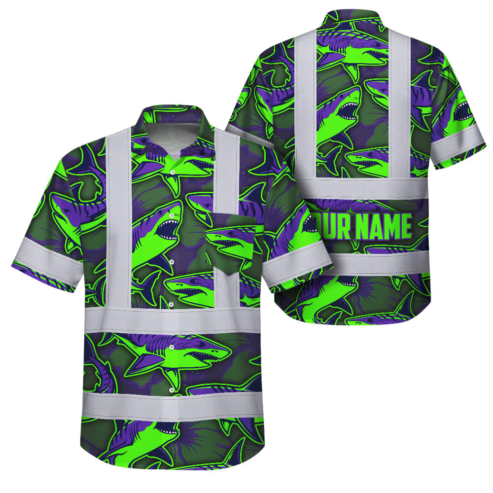 Hi Vis Hawaiian Shirt Reflective Tapes Green Violet Shark Sea Pattern Custom Name Safety Workwear For Mechanics, Workers, Truckers, Operators