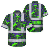 Hi Vis Hawaiian Shirt Reflective Tapes Green Violet Shark Sea Pattern Custom Name Safety Workwear For Mechanics, Workers, Truckers, Operators