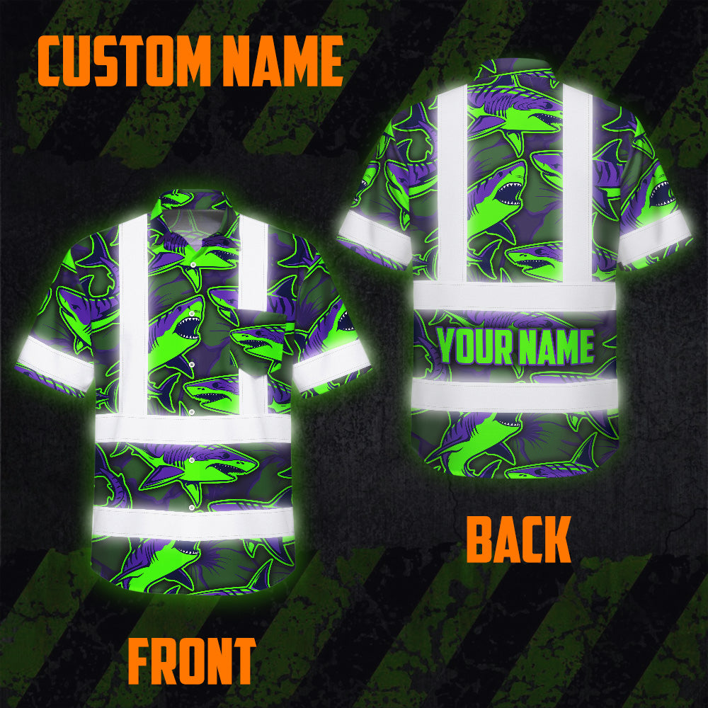 Hi Vis Hawaiian Shirt Reflective Tapes Green Violet Shark Sea Pattern Custom Name Safety Workwear For Mechanics, Workers, Truckers, Operators