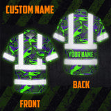 Hi Vis Hawaiian Shirt Reflective Tapes Green Violet Shark Sea Pattern Custom Name Safety Workwear For Mechanics, Workers, Truckers, Operators
