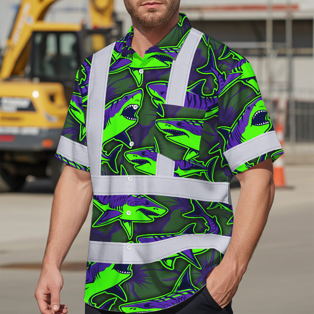 Hi Vis Hawaiian Shirt Reflective Tapes Green Violet Shark Sea Pattern Custom Name Safety Workwear For Mechanics, Workers, Truckers, Operators
