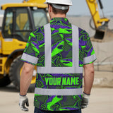 Hi Vis Hawaiian Shirt Reflective Tapes Green Violet Shark Sea Pattern Custom Name Safety Workwear For Mechanics, Workers, Truckers, Operators