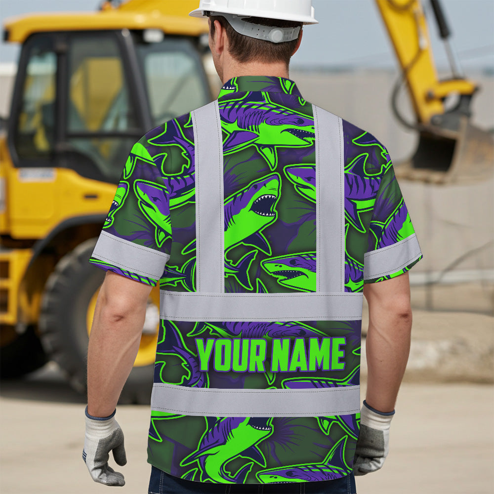 Hi Vis Hawaiian Shirt Reflective Tapes Green Violet Shark Sea Pattern Custom Name Safety Workwear For Mechanics, Workers, Truckers, Operators