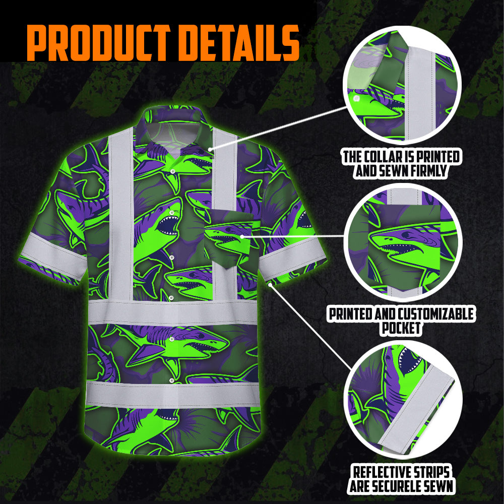 Hi Vis Hawaiian Shirt Reflective Tapes Green Violet Shark Sea Pattern Custom Name Safety Workwear For Mechanics, Workers, Truckers, Operators
