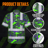 Hi Vis Hawaiian Shirt Reflective Tapes Green Violet Shark Sea Pattern Custom Name Safety Workwear For Mechanics, Workers, Truckers, Operators