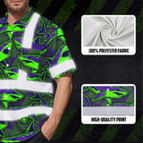 Hi Vis Hawaiian Shirt Reflective Tapes Green Violet Shark Sea Pattern Custom Name Safety Workwear For Mechanics, Workers, Truckers, Operators