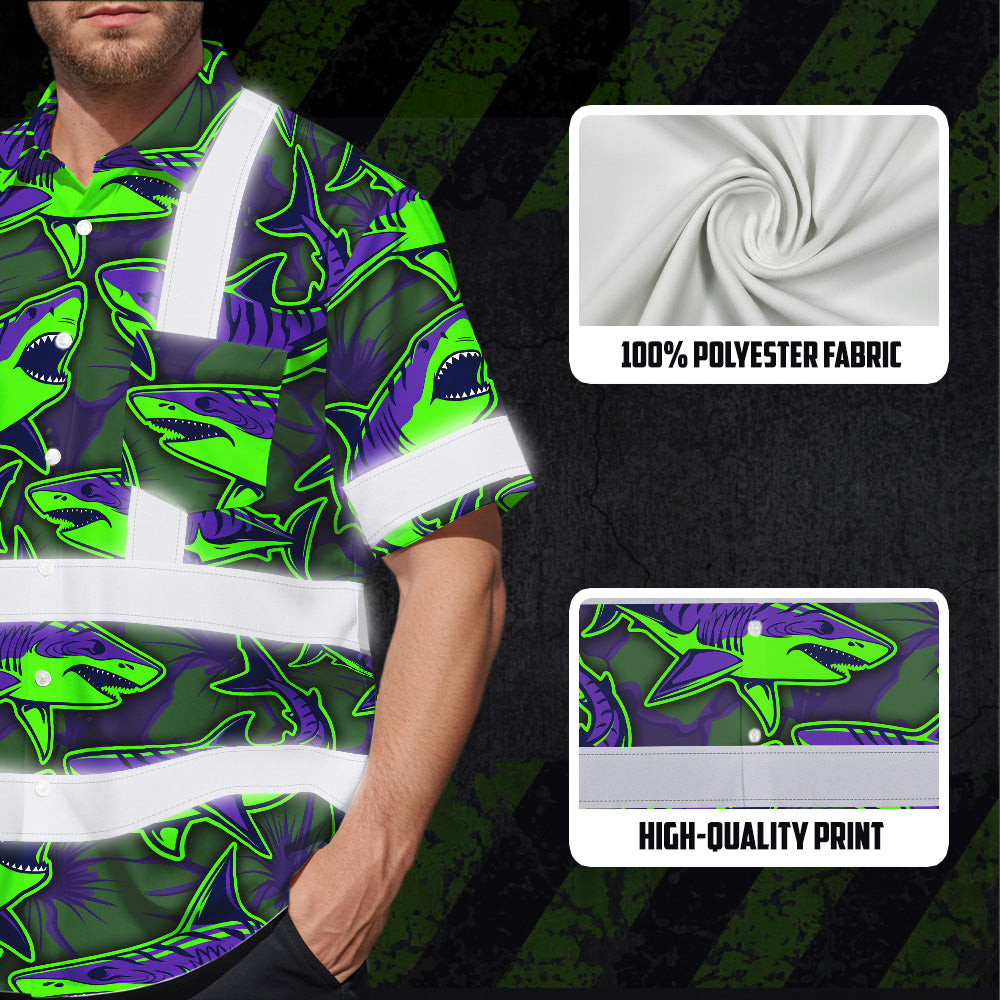 Hi Vis Hawaiian Shirt Reflective Tapes Green Violet Shark Sea Pattern Custom Name Safety Workwear For Mechanics, Workers, Truckers, Operators