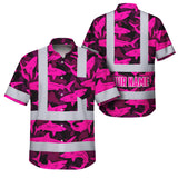 Hi Vis Hawaiian Shirt Reflective Tapes Pink Camo Shark Sea Pattern Custom Name Safety Workwear For Mechanics, Workers, Truckers, Operators