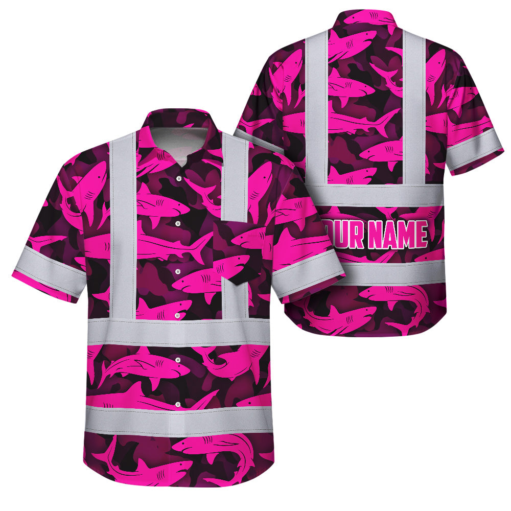 Hi Vis Hawaiian Shirt Reflective Tapes Pink Camo Shark Sea Pattern Custom Name Safety Workwear For Mechanics, Workers, Truckers, Operators