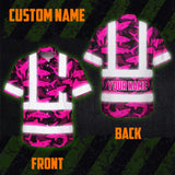 Hi Vis Hawaiian Shirt Reflective Tapes Pink Camo Shark Sea Pattern Custom Name Safety Workwear For Mechanics, Workers, Truckers, Operators