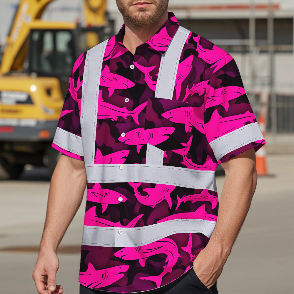 Hi Vis Hawaiian Shirt Reflective Tapes Pink Camo Shark Sea Pattern Custom Name Safety Workwear For Mechanics, Workers, Truckers, Operators