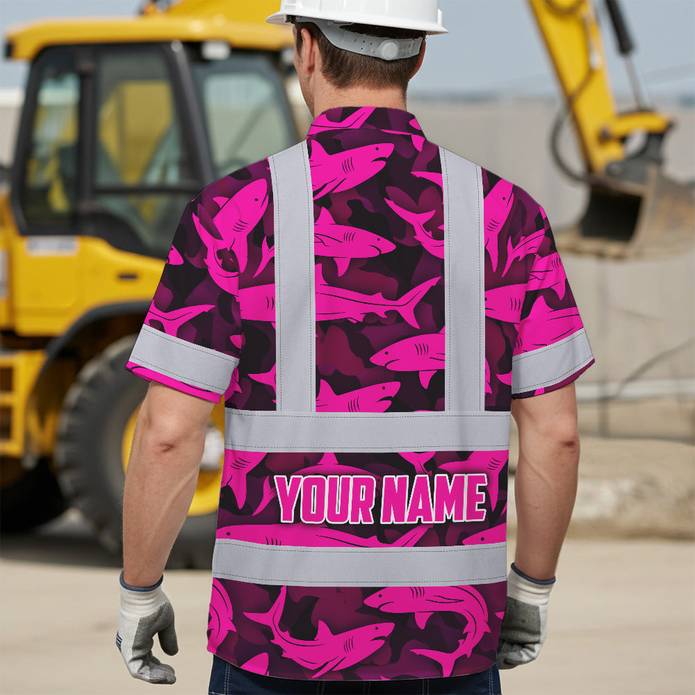 Hi Vis Hawaiian Shirt Reflective Tapes Pink Camo Shark Sea Pattern Custom Name Safety Workwear For Mechanics, Workers, Truckers, Operators