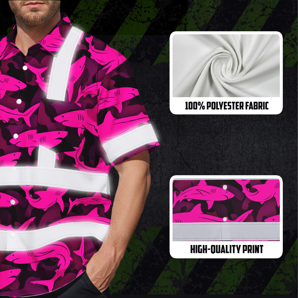 Hi Vis Hawaiian Shirt Reflective Tapes Pink Camo Shark Sea Pattern Custom Name Safety Workwear For Mechanics, Workers, Truckers, Operators