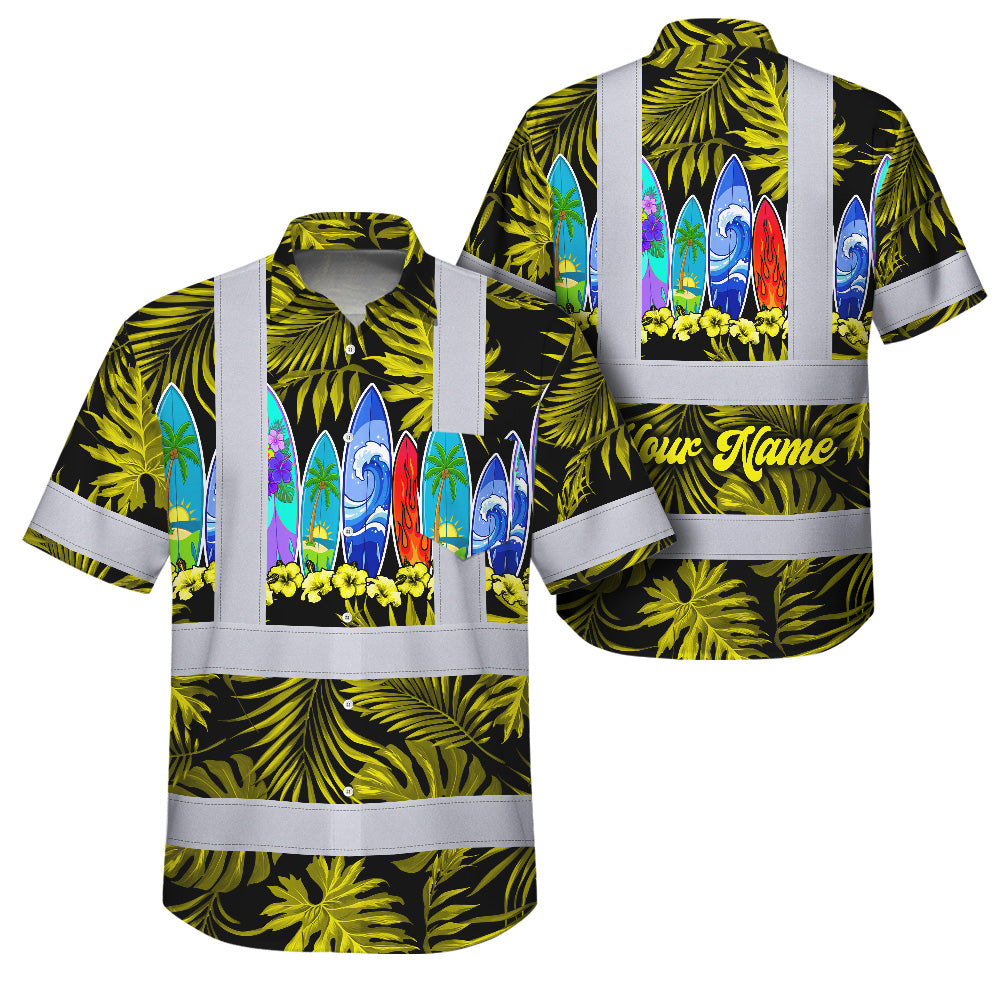 Hi Vis Hawaiian Shirt Reflective Tapes Yellow Surfboard Flower Sea Pattern Custom Name Safety Workwear For Mechanics, Workers, Truckers, Operators