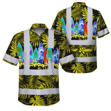 Hi Vis Hawaiian Shirt Reflective Tapes Yellow Surfboard Flower Sea Pattern Custom Name Safety Workwear For Mechanics, Workers, Truckers, Operators