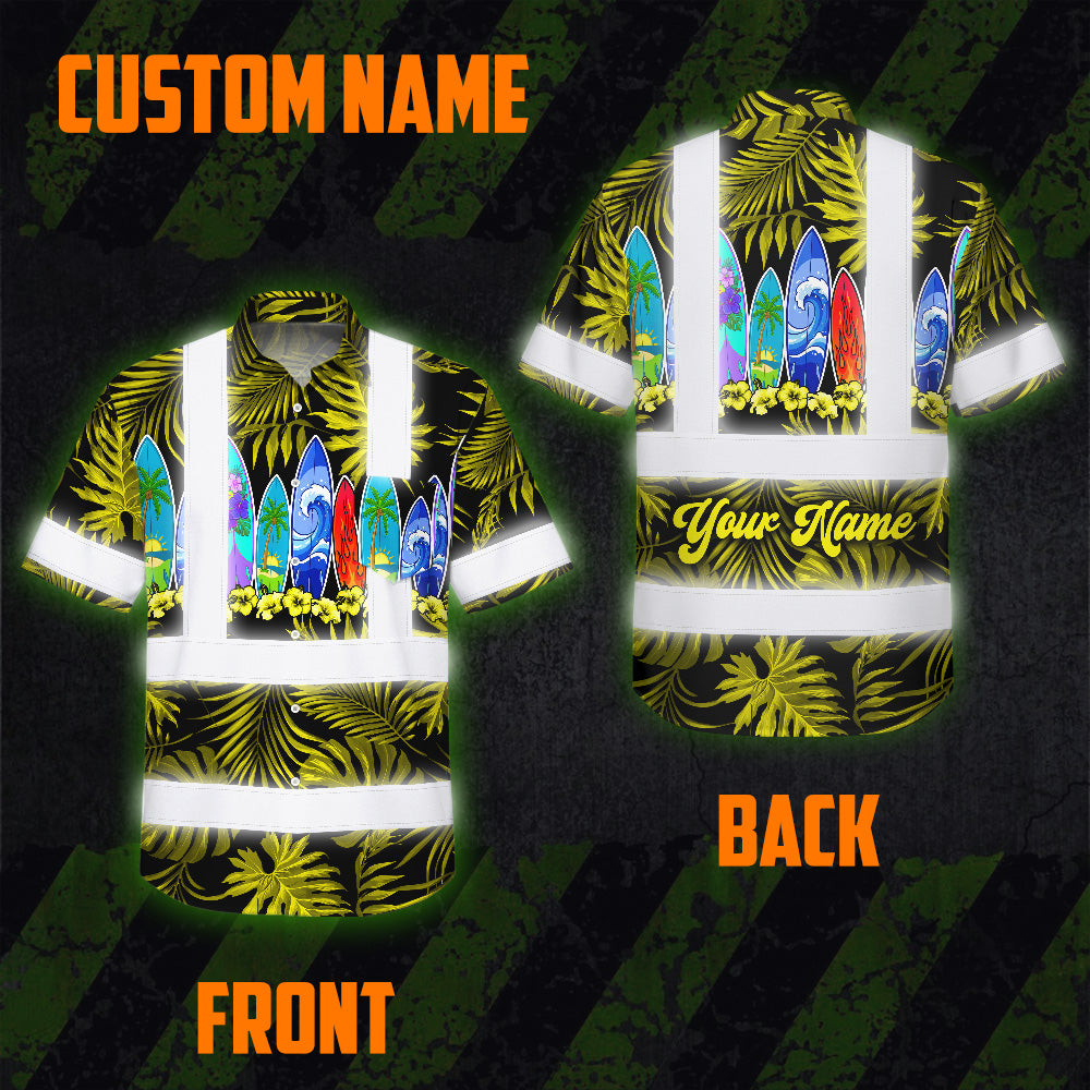 Hi Vis Hawaiian Shirt Reflective Tapes Yellow Surfboard Flower Sea Pattern Custom Name Safety Workwear For Mechanics, Workers, Truckers, Operators