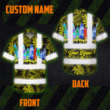 Hi Vis Hawaiian Shirt Reflective Tapes Yellow Surfboard Flower Sea Pattern Custom Name Safety Workwear For Mechanics, Workers, Truckers, Operators