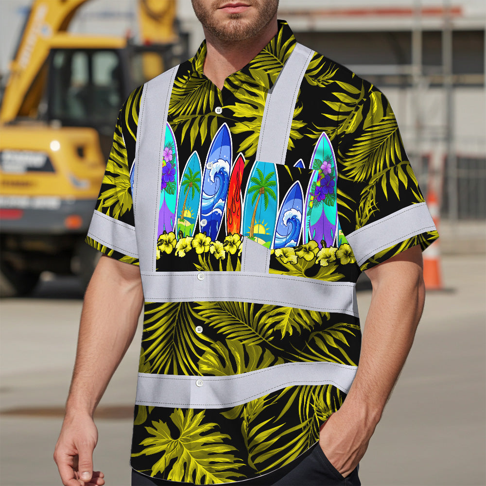 Hi Vis Hawaiian Shirt Reflective Tapes Yellow Surfboard Flower Sea Pattern Custom Name Safety Workwear For Mechanics, Workers, Truckers, Operators