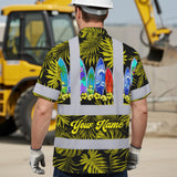 Hi Vis Hawaiian Shirt Reflective Tapes Yellow Surfboard Flower Sea Pattern Custom Name Safety Workwear For Mechanics, Workers, Truckers, Operators