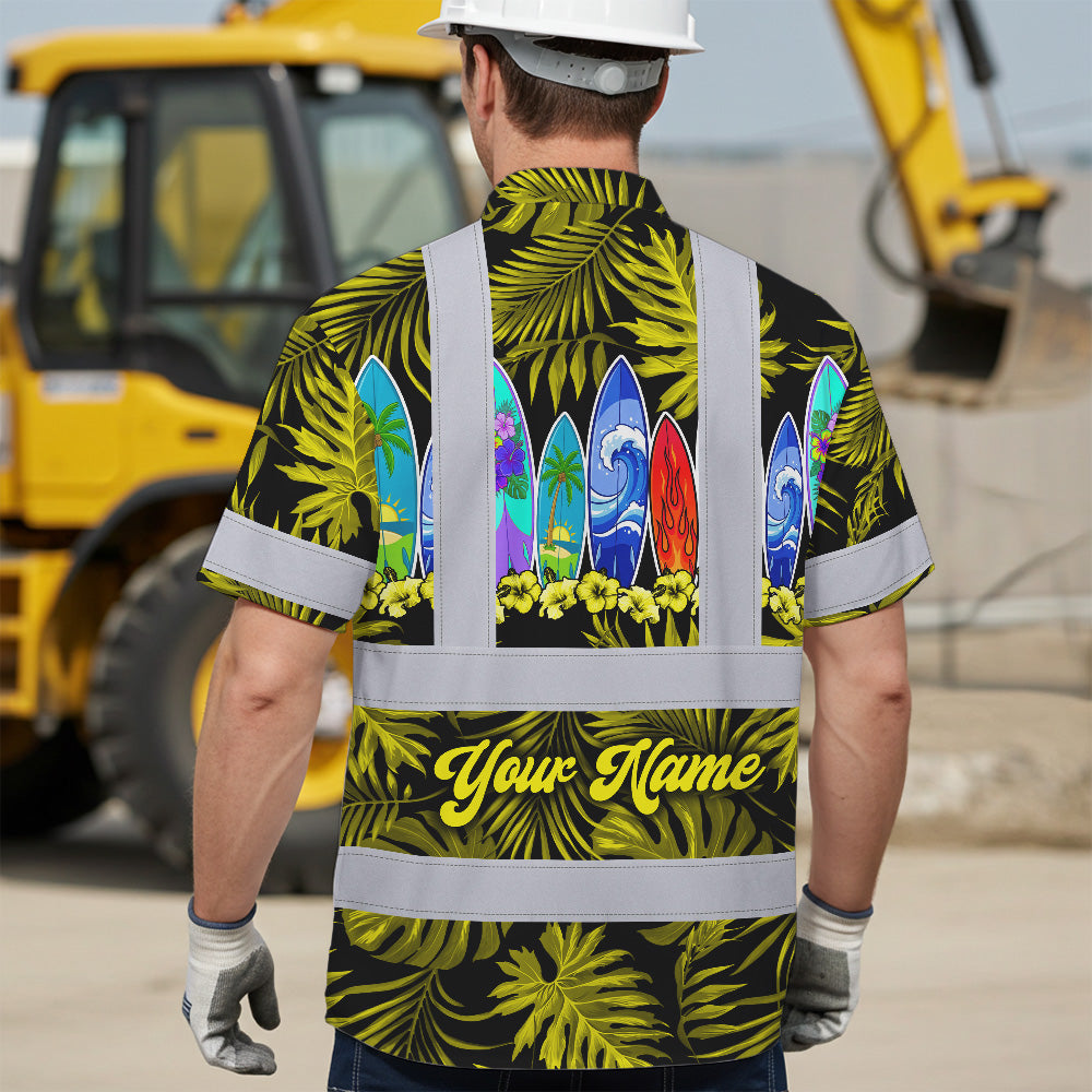 Hi Vis Hawaiian Shirt Reflective Tapes Yellow Surfboard Flower Sea Pattern Custom Name Safety Workwear For Mechanics, Workers, Truckers, Operators