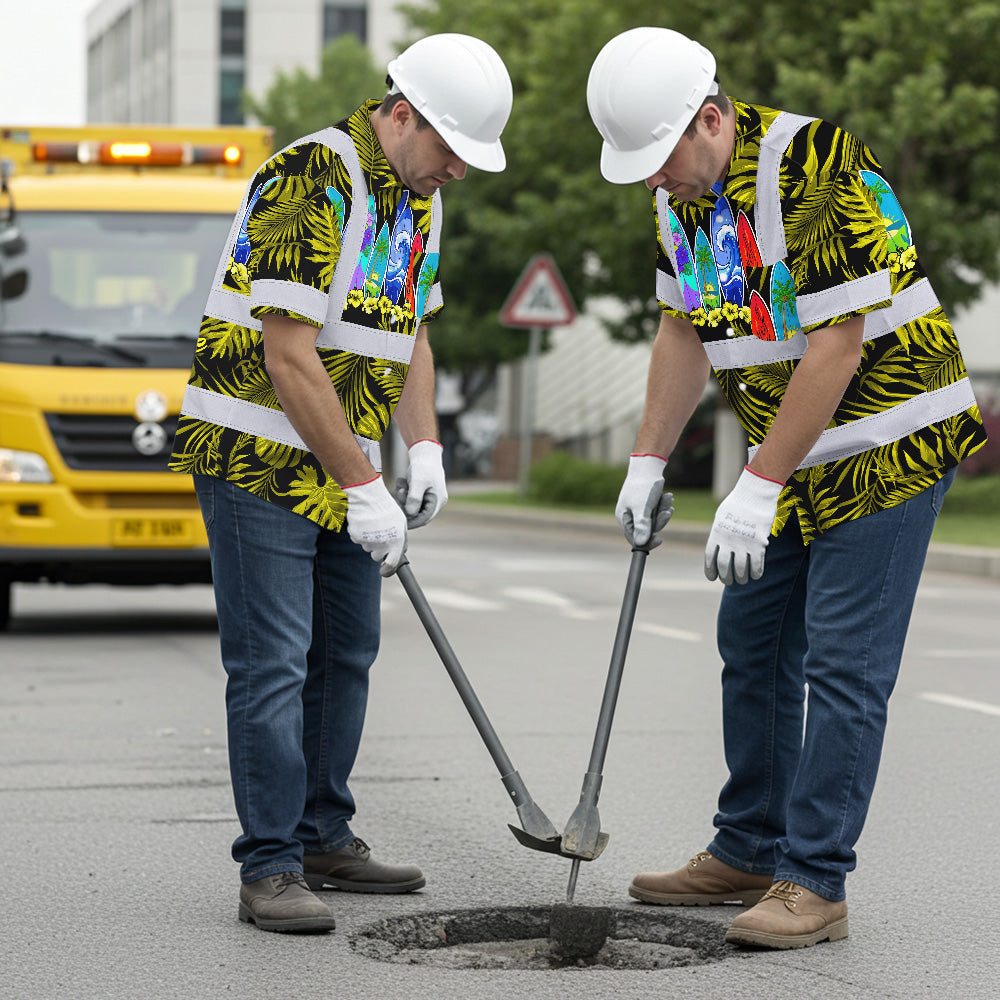 Hi Vis Hawaiian Shirt Reflective Tapes Yellow Surfboard Flower Sea Pattern Custom Name Safety Workwear For Mechanics, Workers, Truckers, Operators