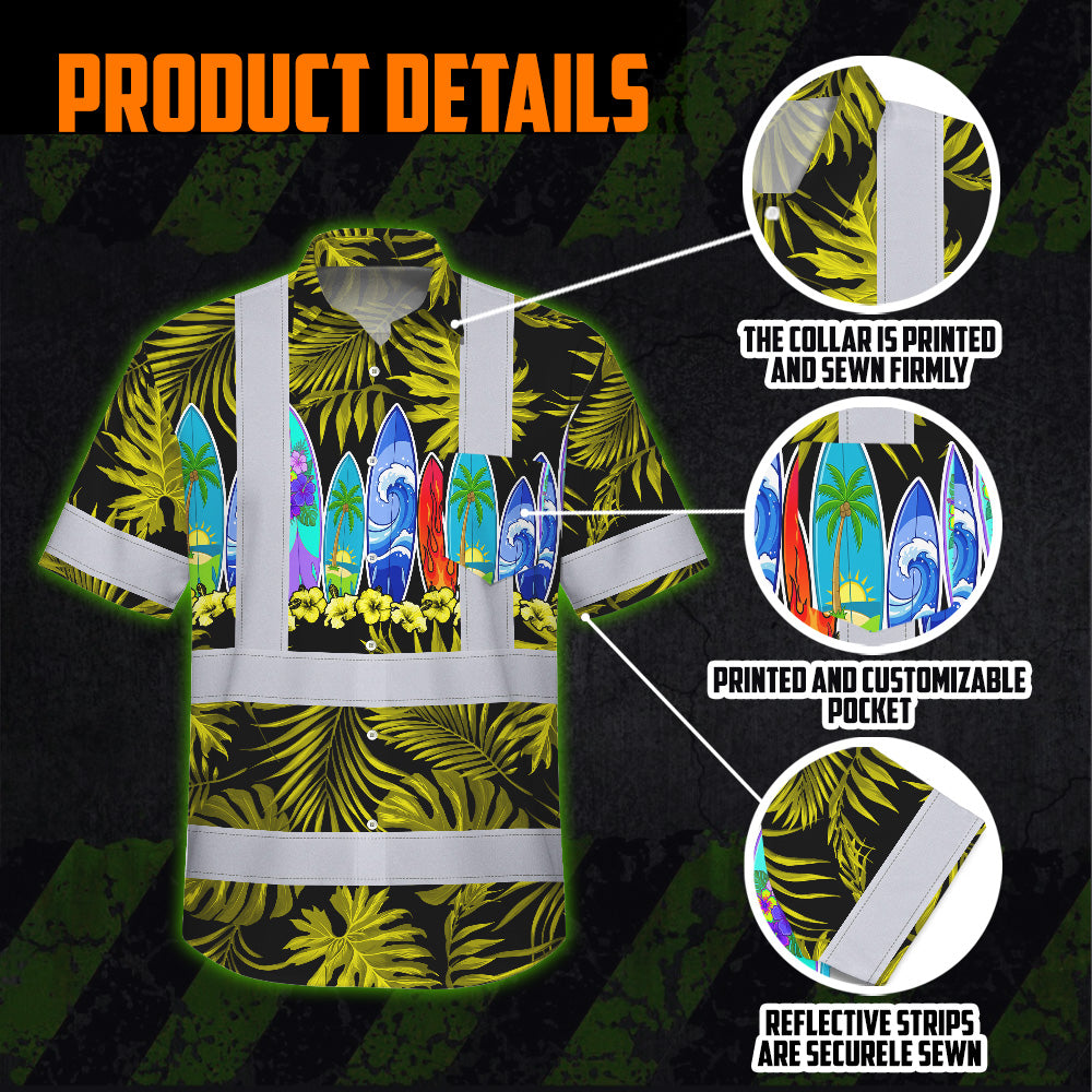 Hi Vis Hawaiian Shirt Reflective Tapes Yellow Surfboard Flower Sea Pattern Custom Name Safety Workwear For Mechanics, Workers, Truckers, Operators