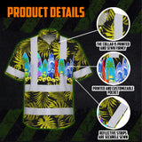 Hi Vis Hawaiian Shirt Reflective Tapes Yellow Surfboard Flower Sea Pattern Custom Name Safety Workwear For Mechanics, Workers, Truckers, Operators