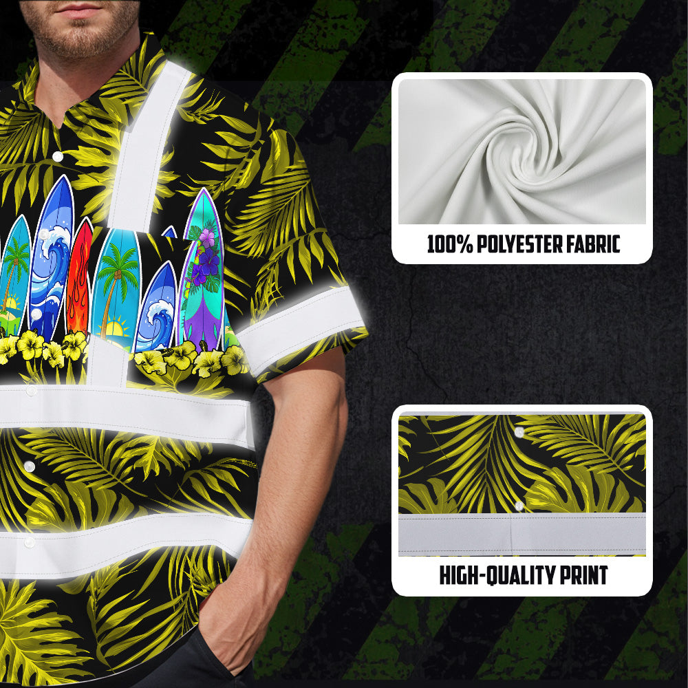 Hi Vis Hawaiian Shirt Reflective Tapes Yellow Surfboard Flower Sea Pattern Custom Name Safety Workwear For Mechanics, Workers, Truckers, Operators