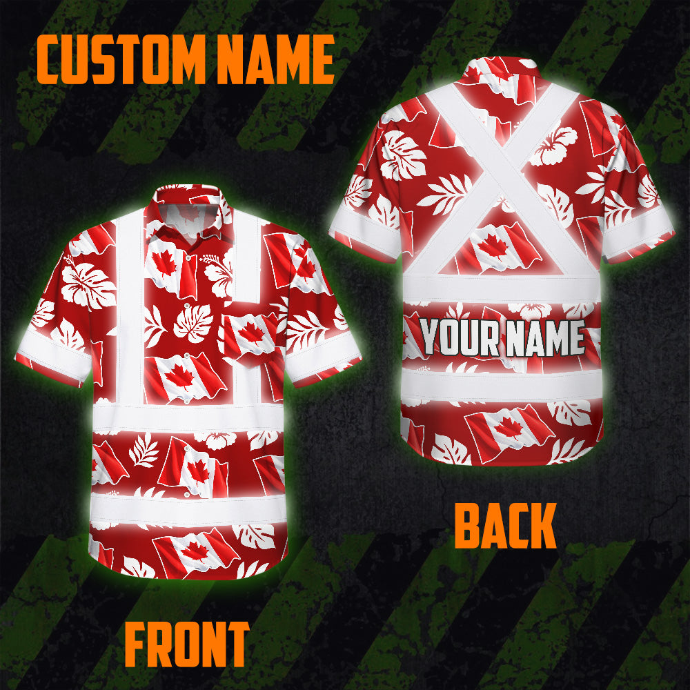 Hi Vis Hawaiian Shirt Reflective Tapes Red White Canada Flag Custom Name Safety Workwear For Mechanics, Workers, Truckers, Operators