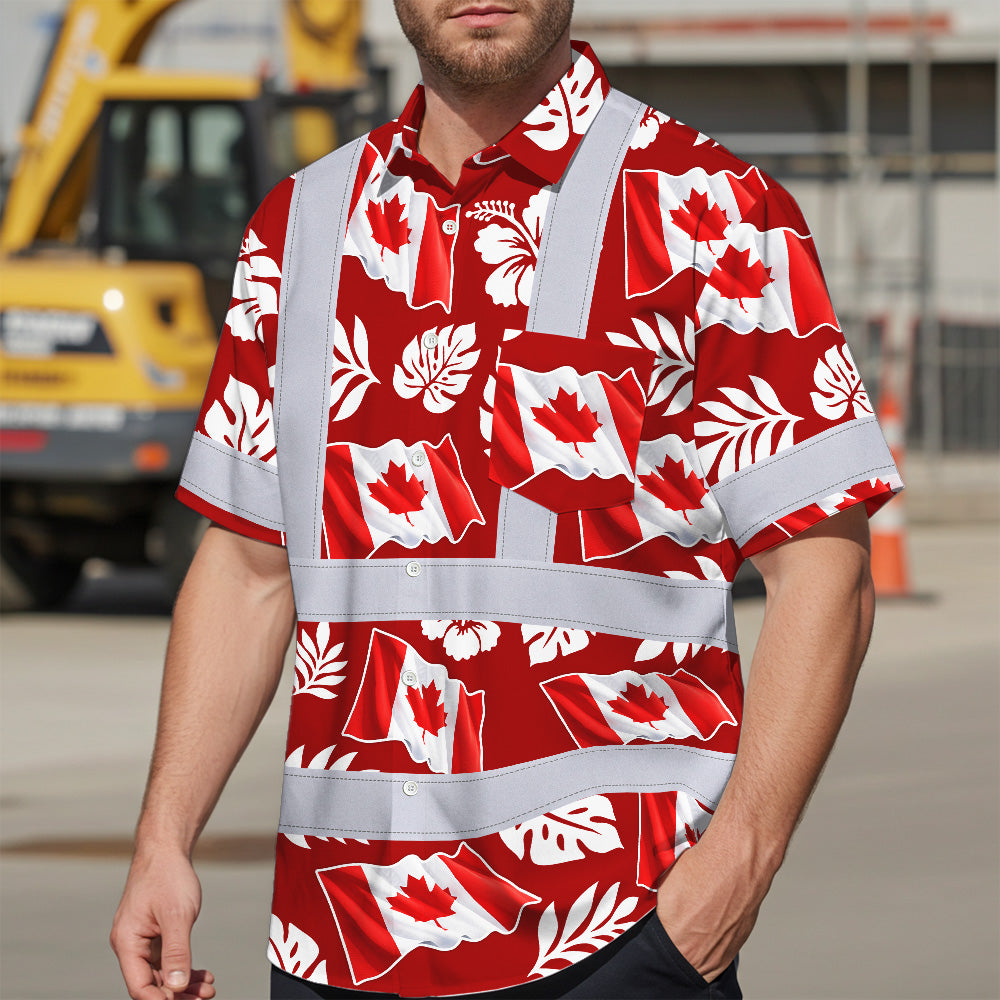 Hi Vis Hawaiian Shirt Reflective Tapes Red White Canada Flag Custom Name Safety Workwear For Mechanics, Workers, Truckers, Operators