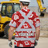 Hi Vis Hawaiian Shirt Reflective Tapes Red White Canada Flag Custom Name Safety Workwear For Mechanics, Workers, Truckers, Operators