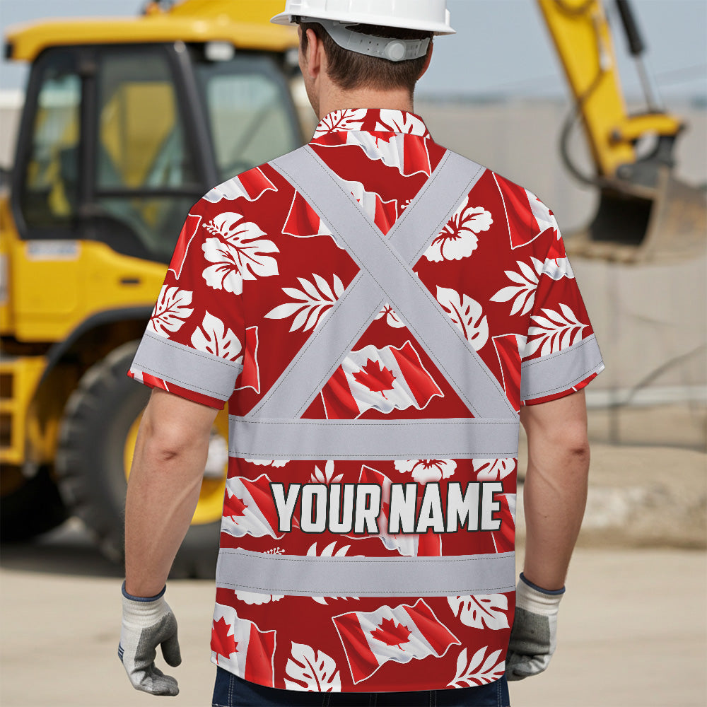 Hi Vis Hawaiian Shirt Reflective Tapes Red White Canada Flag Custom Name Safety Workwear For Mechanics, Workers, Truckers, Operators
