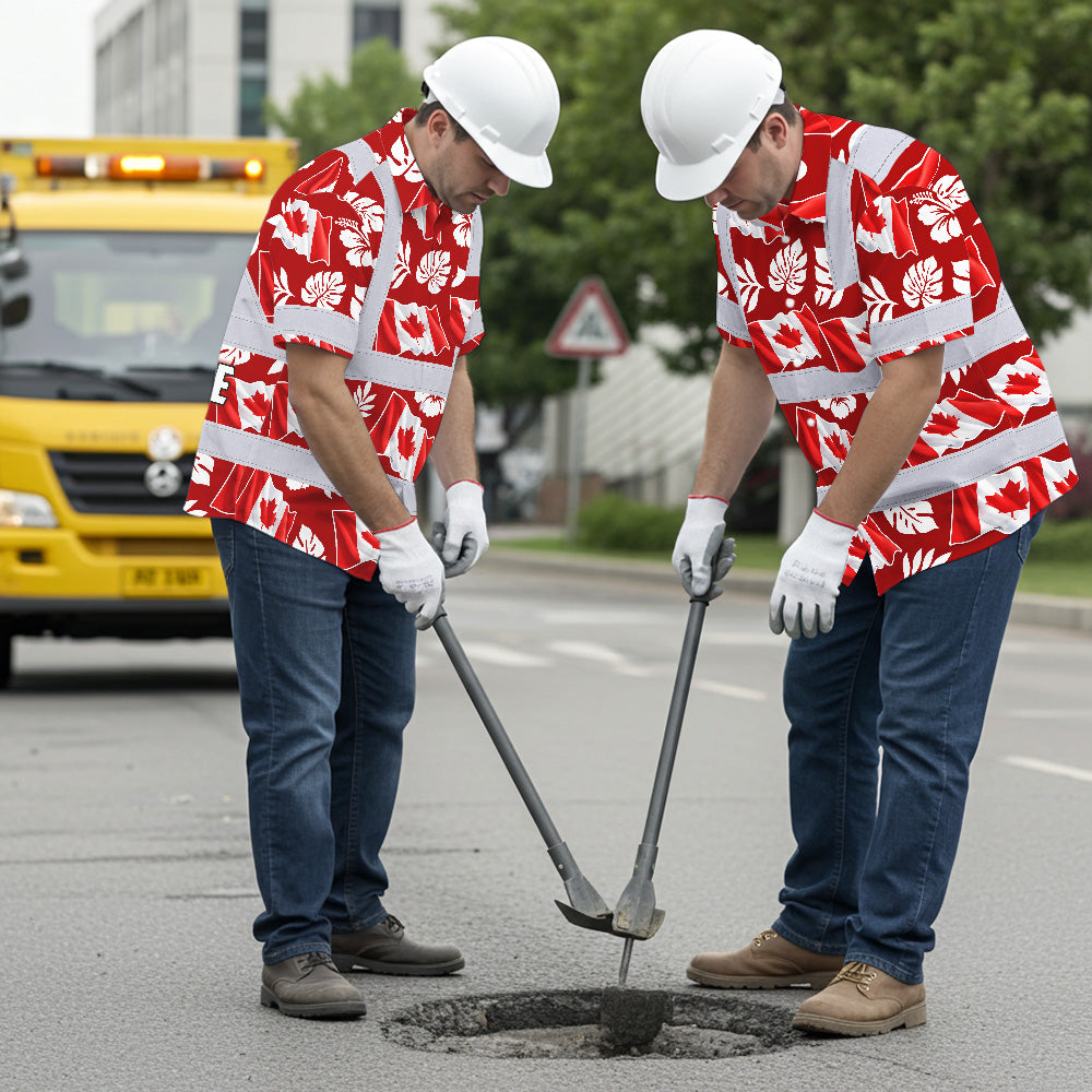 Hi Vis Hawaiian Shirt Reflective Tapes Red White Canada Flag Custom Name Safety Workwear For Mechanics, Workers, Truckers, Operators