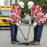 Hi Vis Hawaiian Shirt Reflective Tapes Red White Canada Flag Custom Name Safety Workwear For Mechanics, Workers, Truckers, Operators