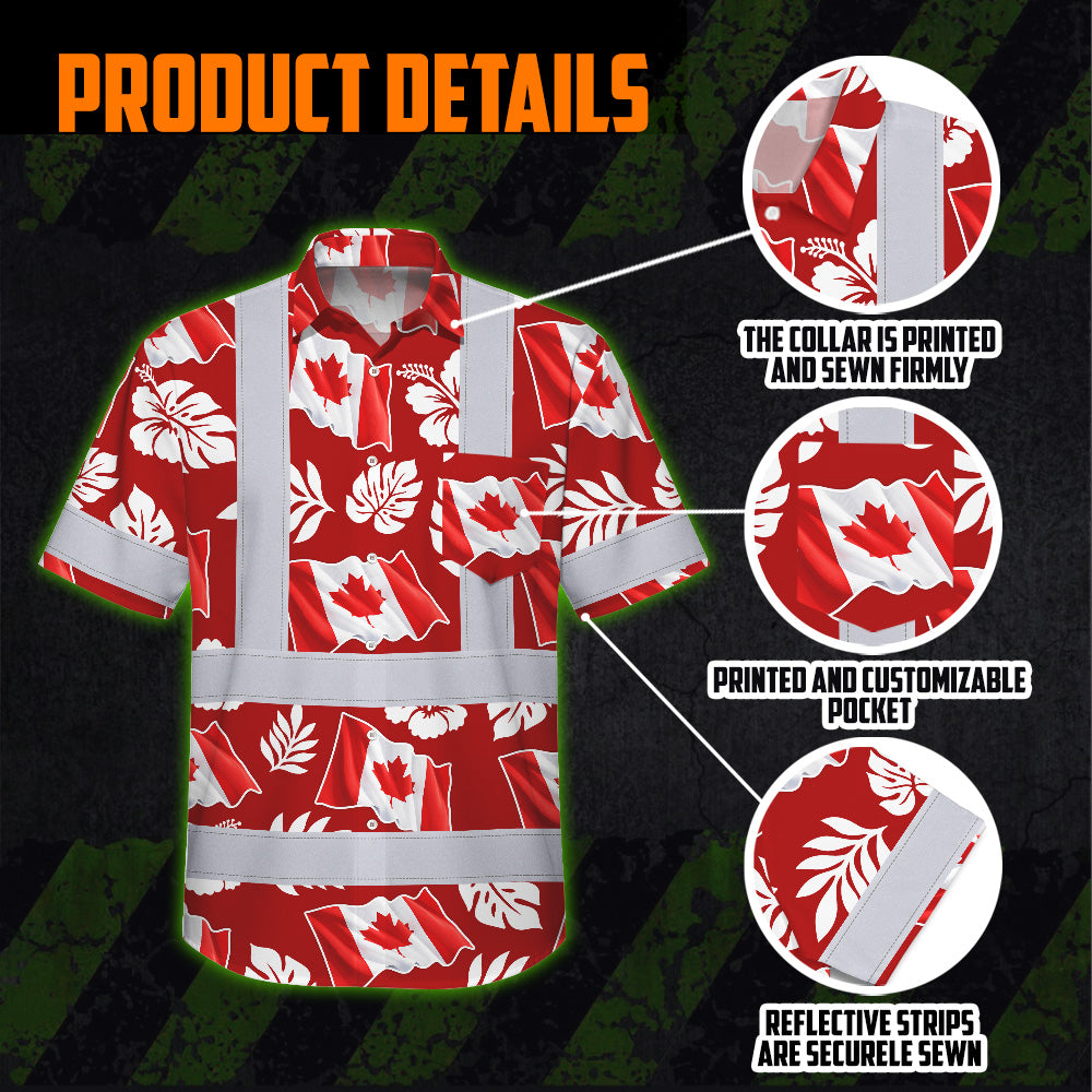 Hi Vis Hawaiian Shirt Reflective Tapes Red White Canada Flag Custom Name Safety Workwear For Mechanics, Workers, Truckers, Operators