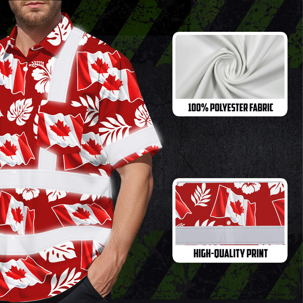 Hi Vis Hawaiian Shirt Reflective Tapes Red White Canada Flag Custom Name Safety Workwear For Mechanics, Workers, Truckers, Operators