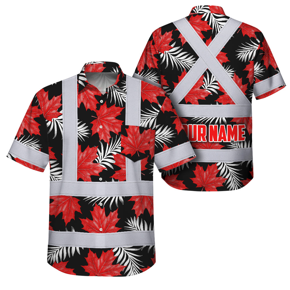 Hi Vis Hawaiian Shirt Reflective Tapes Red White Canada Flag 2 Custom Name Safety Workwear For Mechanics, Workers, Truckers, Operators
