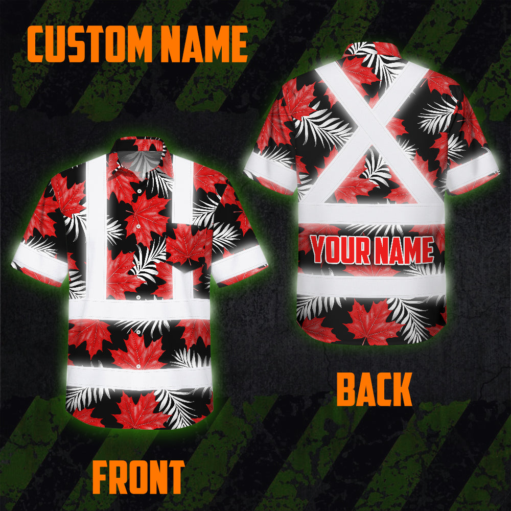 Hi Vis Hawaiian Shirt Reflective Tapes Red White Canada Flag 2 Custom Name Safety Workwear For Mechanics, Workers, Truckers, Operators