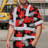 Hi Vis Hawaiian Shirt Reflective Tapes Red White Canada Flag 2 Custom Name Safety Workwear For Mechanics, Workers, Truckers, Operators